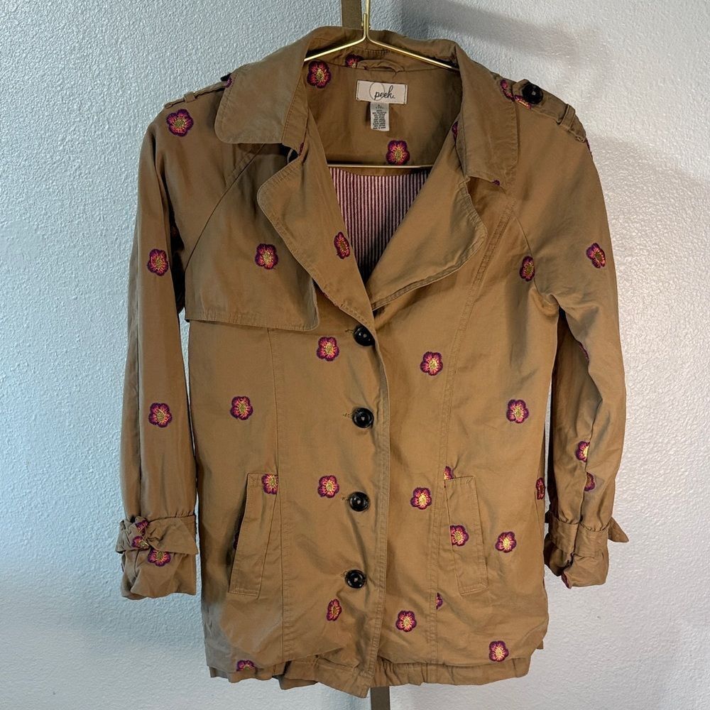 Peek- kids Tan Trench Coat with Floral Embroidery- Large (10)